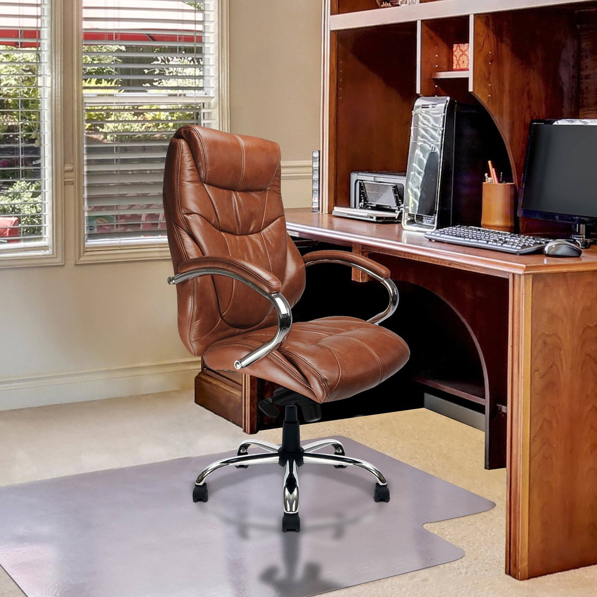 Nautilus Designs Sandown High Back Luxurious Leather Faced Synchronous Executive Armchair with Integral headrest and Chrome Base - Tan