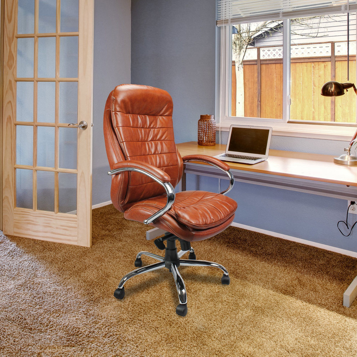 Nautilus Designs Santiago High Back Italian Leather Faced Synchronous Executive Armchair with Integral Headrest and Chrome Base - Tan