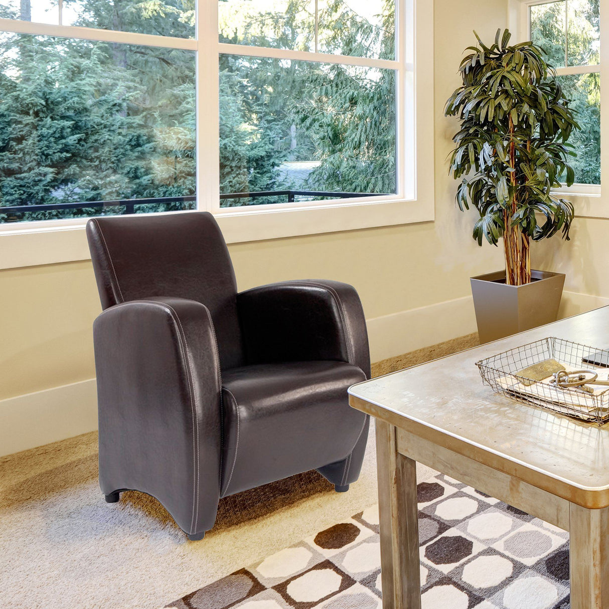 Nautilus Designs Metro High Back Lounge Armchair Upholstered in a Durable Leather Effect Finish - Brown
