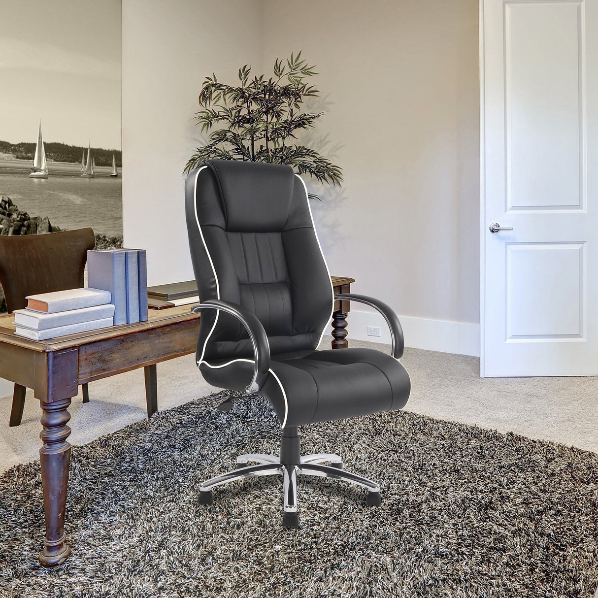 Nautilus Designs Dijon High Back Leather Faced Executive Armchair with Contrasting Piping and Chrome Base - Black