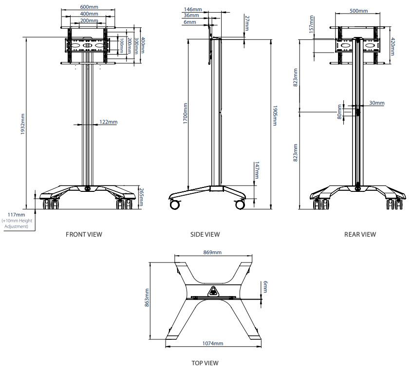 B-Tech BT8562 - Mobile TV Trolley Stand For Screens Up To 70 Inch