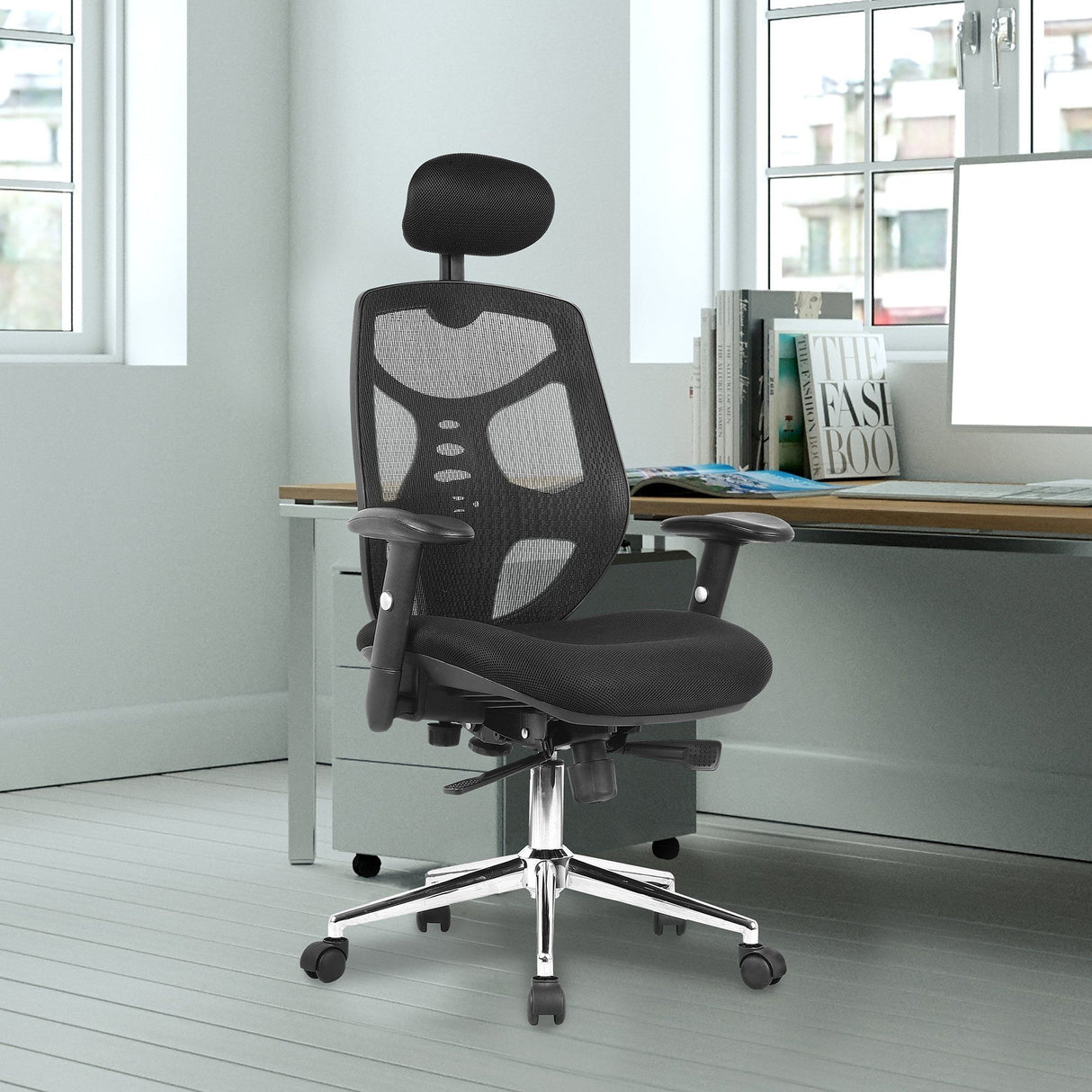 Nautilus Designs Polaris High Back Mesh Synchronous Executive Armchair with Adjustable Headrest and Chrome Base - Black