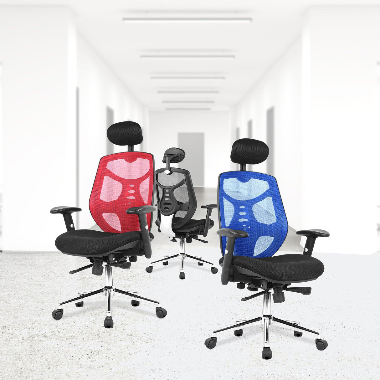 Nautilus Designs Polaris High Back Mesh Synchronous Executive Armchair with Adjustable Headrest and Chrome Base - Blue/Black