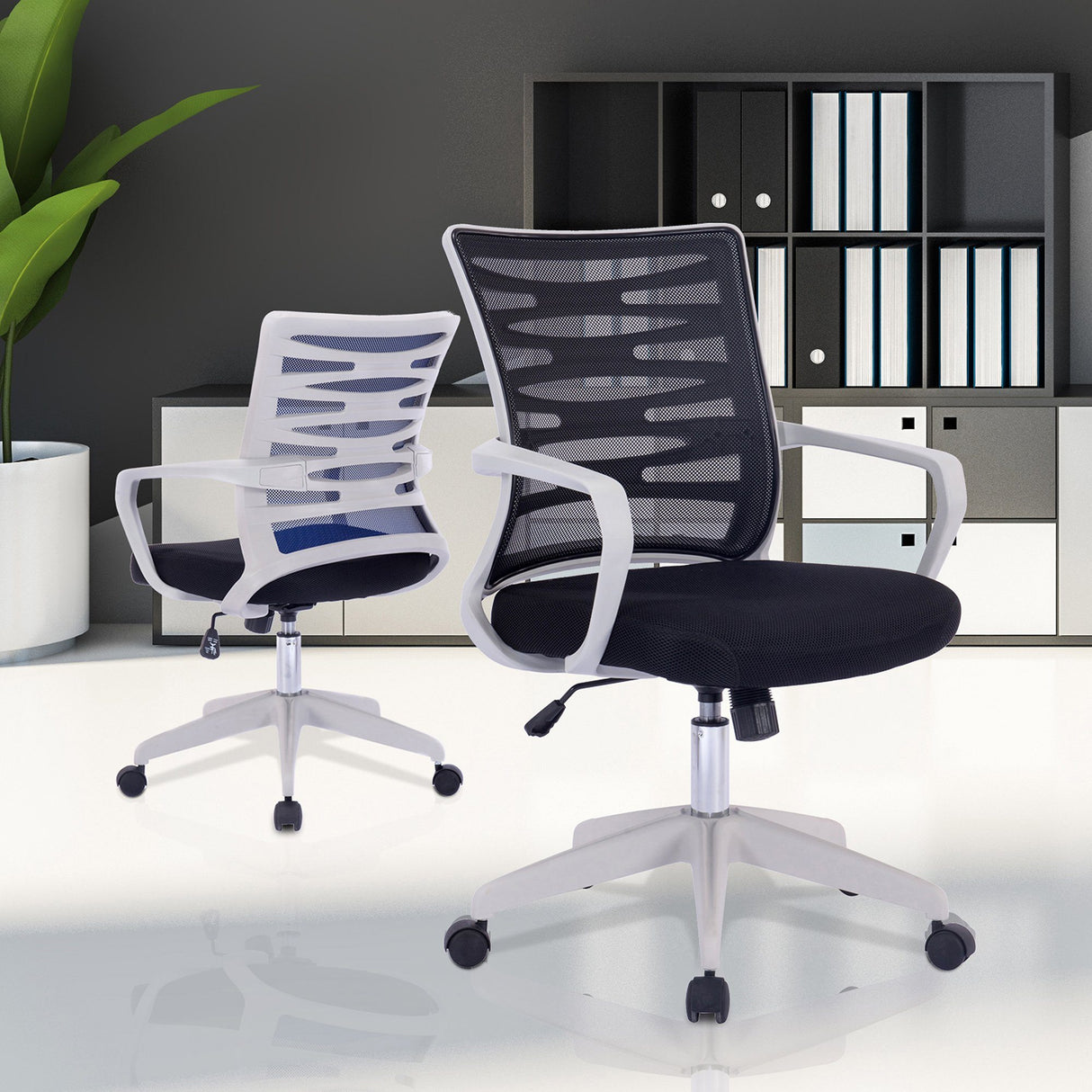 Nautilus Designs Spyro Designer Mesh Armchair with White Frame and Detailed Back Panelling - Black