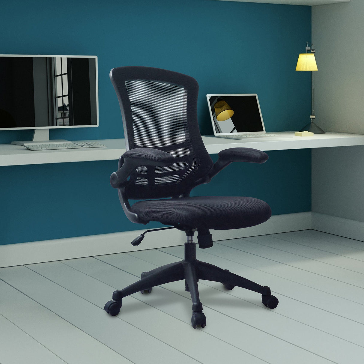Nautilus Designs Luna Designer Medium Back Mesh Chair with Folding Arms - Black