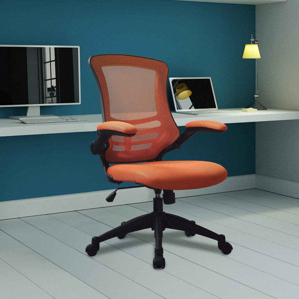 Nautilus Designs Luna Designer Medium Back Mesh Chair with Folding Arms - Orange