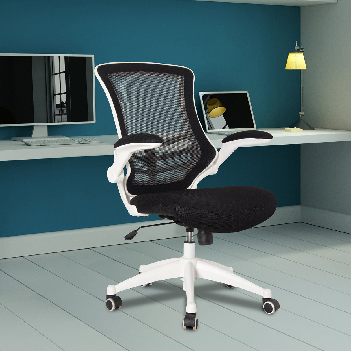 Nautilus Designs Luna Designer Medium Back Mesh Chair with White Shell and Folding Arms - Black