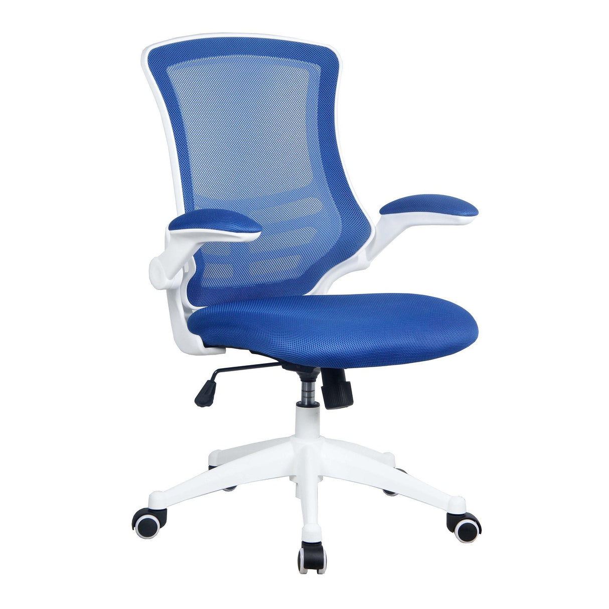Nautilus Designs Luna Designer Medium Back Mesh Chair with White Shell and Folding Arms - Blue