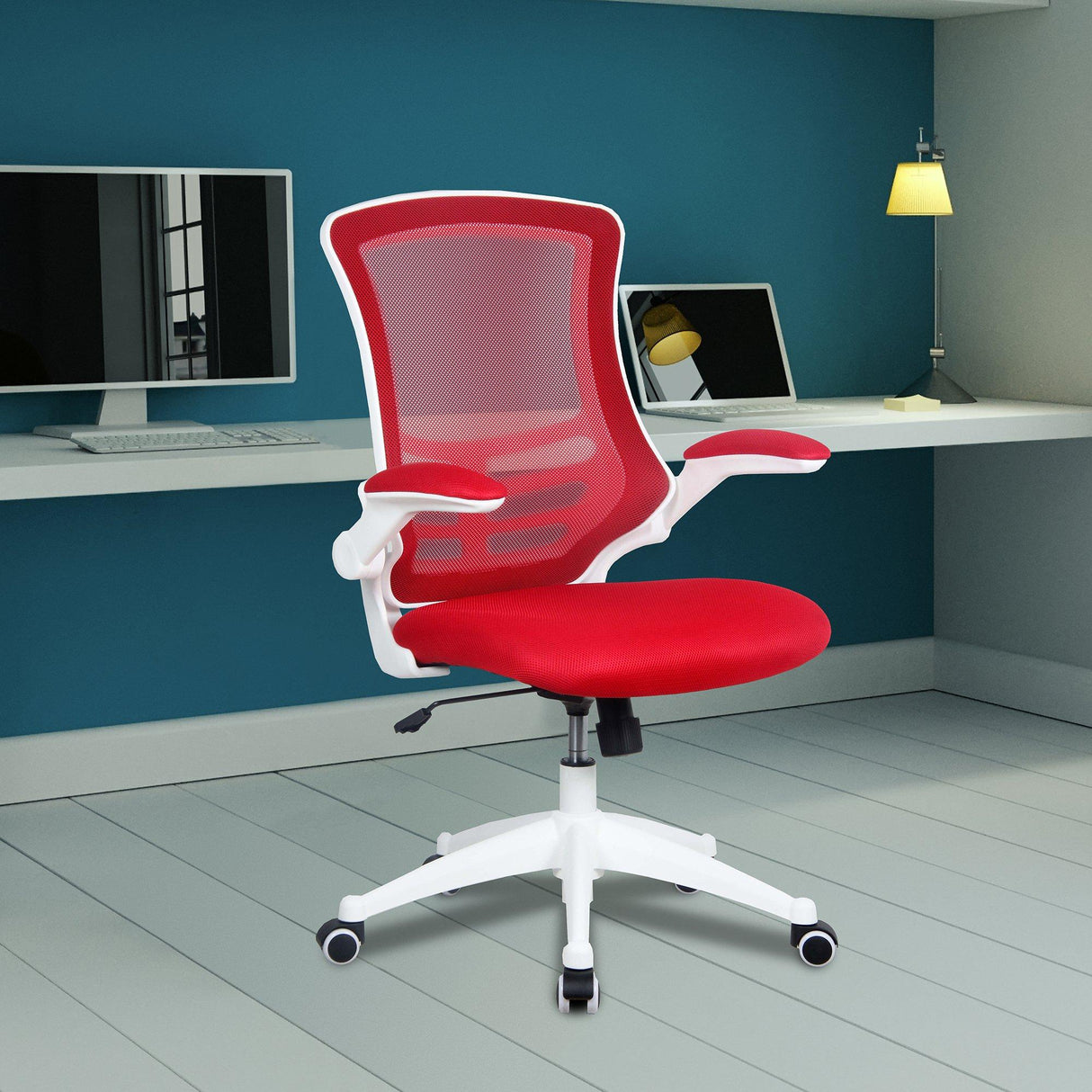 Nautilus Designs Luna Designer Medium Back Mesh Chair with White Shell and Folding Arms - Red