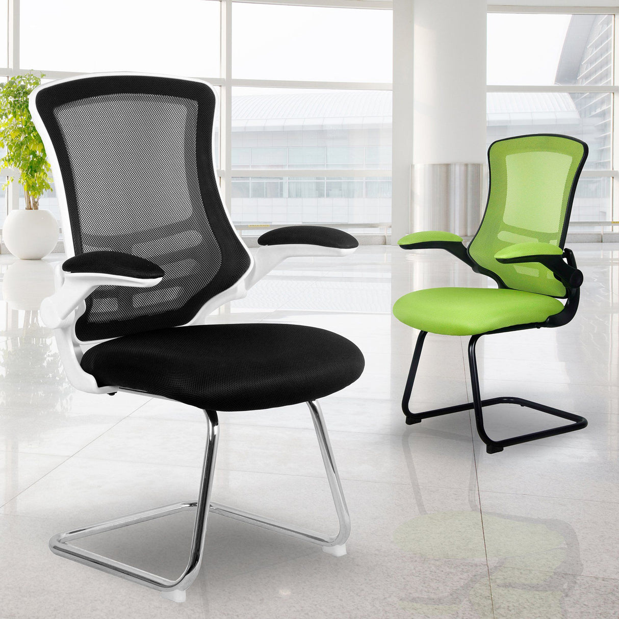 Nautilus Designs Luna Designer Medium Back Mesh Cantilever Chair with Black Shell, Black Frame and Folding Arms - Black