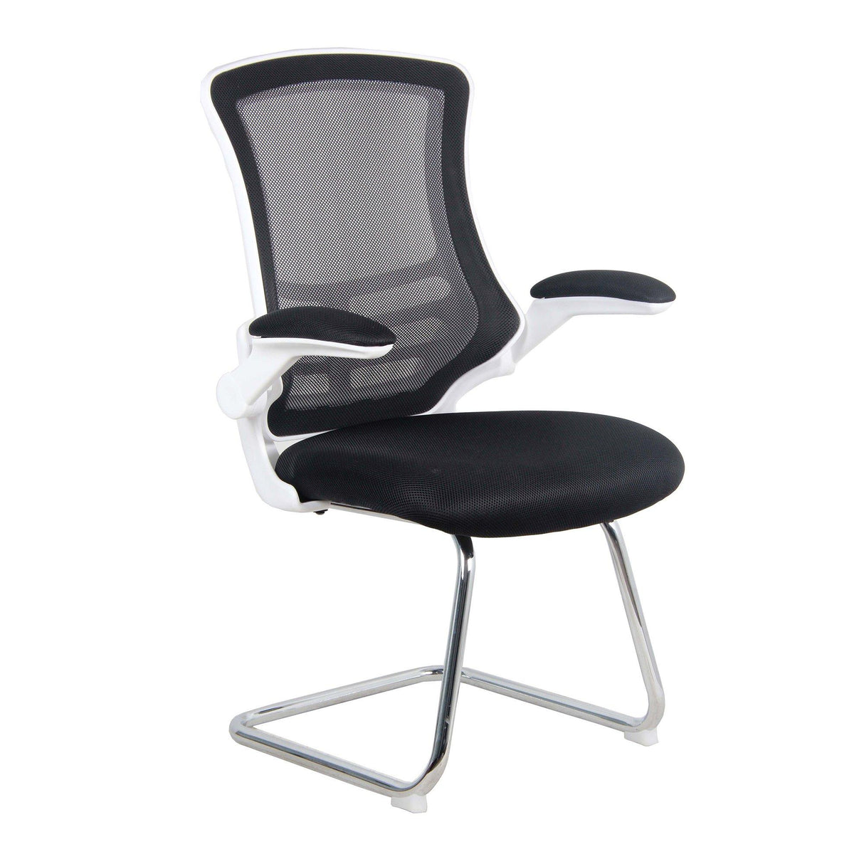 Nautilus Designs Luna Designer Medium Back Mesh Cantilever Chair with White Shell, Chrome Frame and Folding Arms - Black