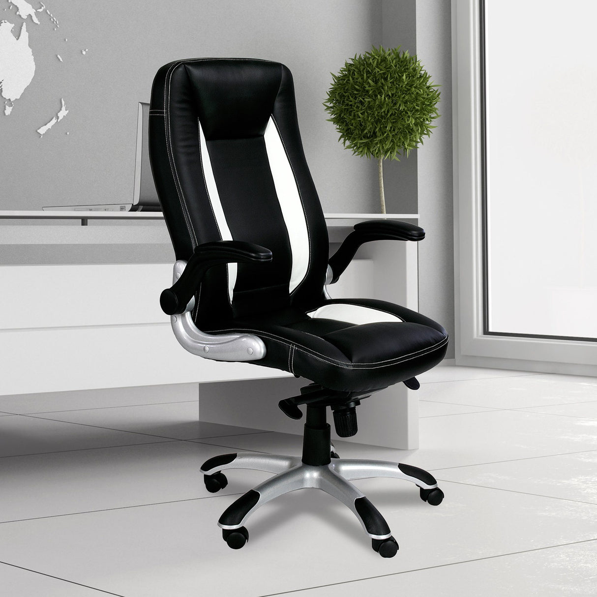 Nautilus Designs Friesian High Back Executive Chair with Folding Arms and Satin Chrome Base - Black and White