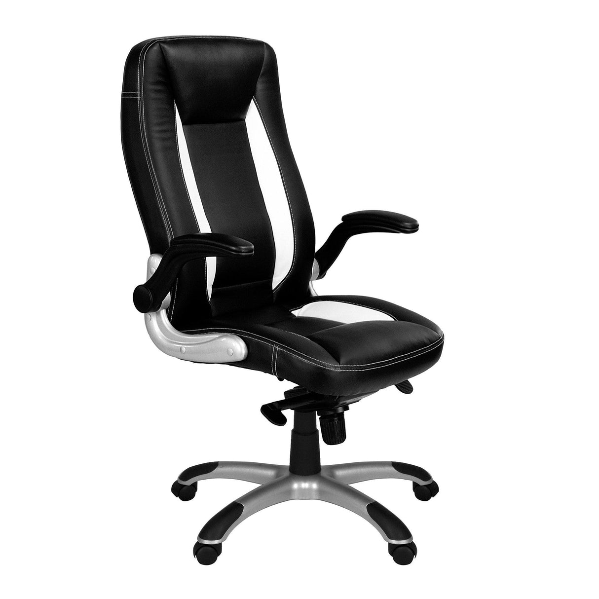 Nautilus Designs Friesian High Back Executive Chair with Folding Arms and Satin Chrome Base - Black and White