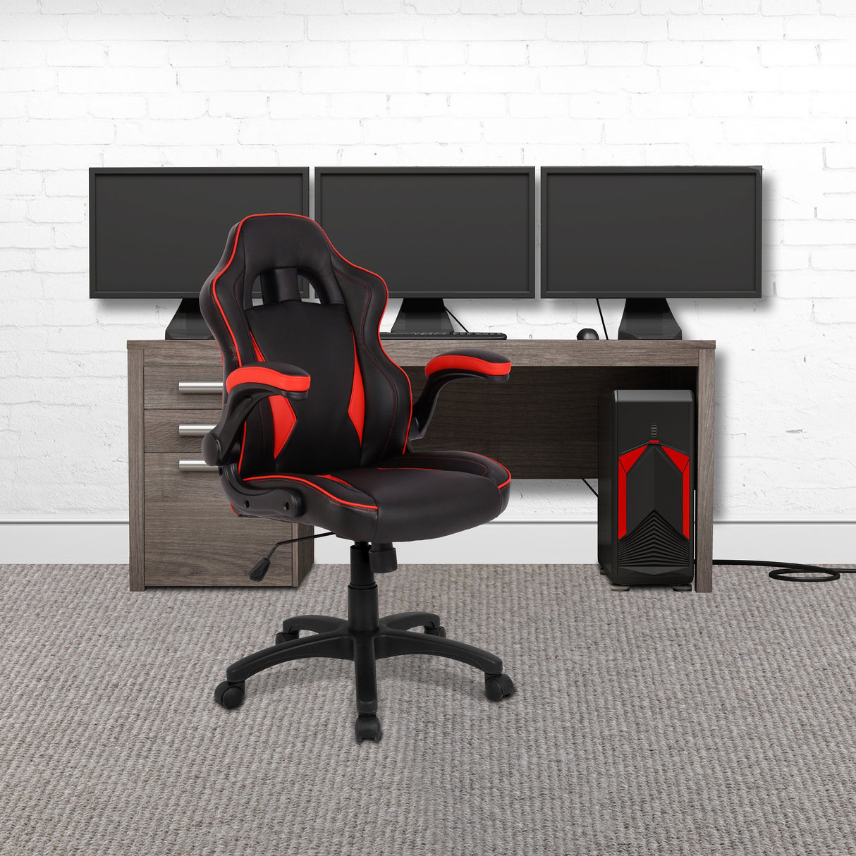 Nautilus Designs Predator Executive Ergonomic Gaming Style Office Chair with Folding Arms, Integral Headrest and Lumbar Support - Black/Red