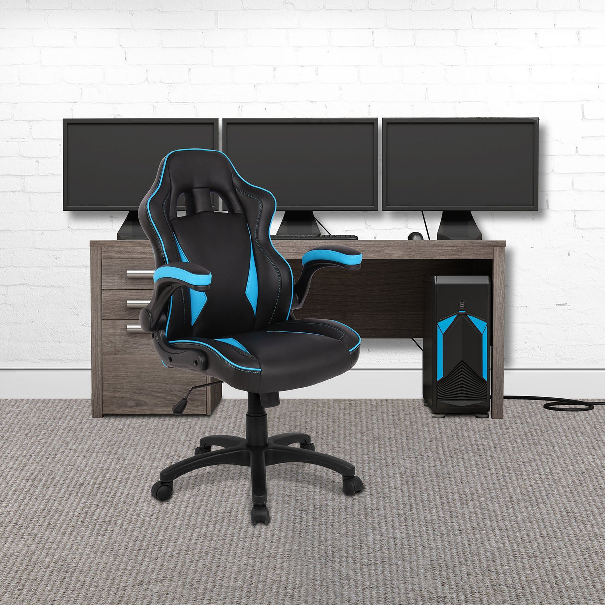 Nautilus Designs Predator Executive Ergonomic Gaming Style Office Chair with Folding Arms, Integral Headrest and Lumbar Support - Black/Blue