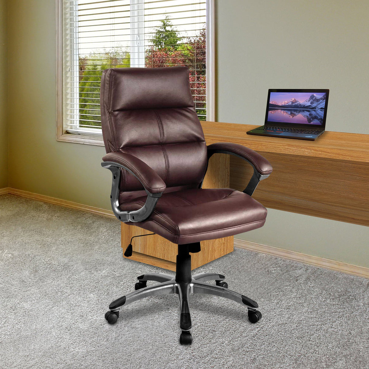 Nautilus Designs Greenwich High Back Leather Effect Executive Armchair with Silver Detailed Black Nylon Base - Cherry Brown