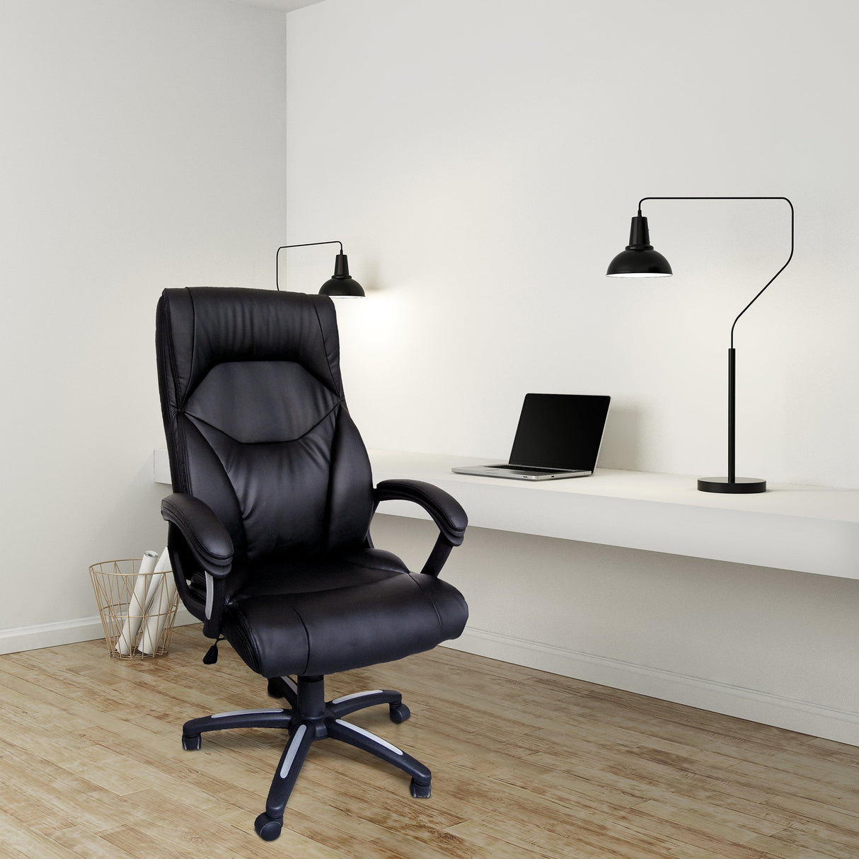 Nautilus Designs Wellington High Back Leather Effect Executive Armchair with Silver Detailed Black Nylon Base - Black
