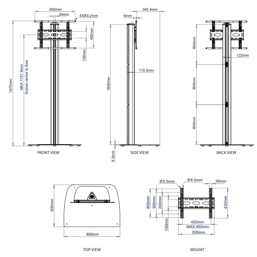 B-Tech BT8582 Tall TV Floor Stand for screens up to 55 inch