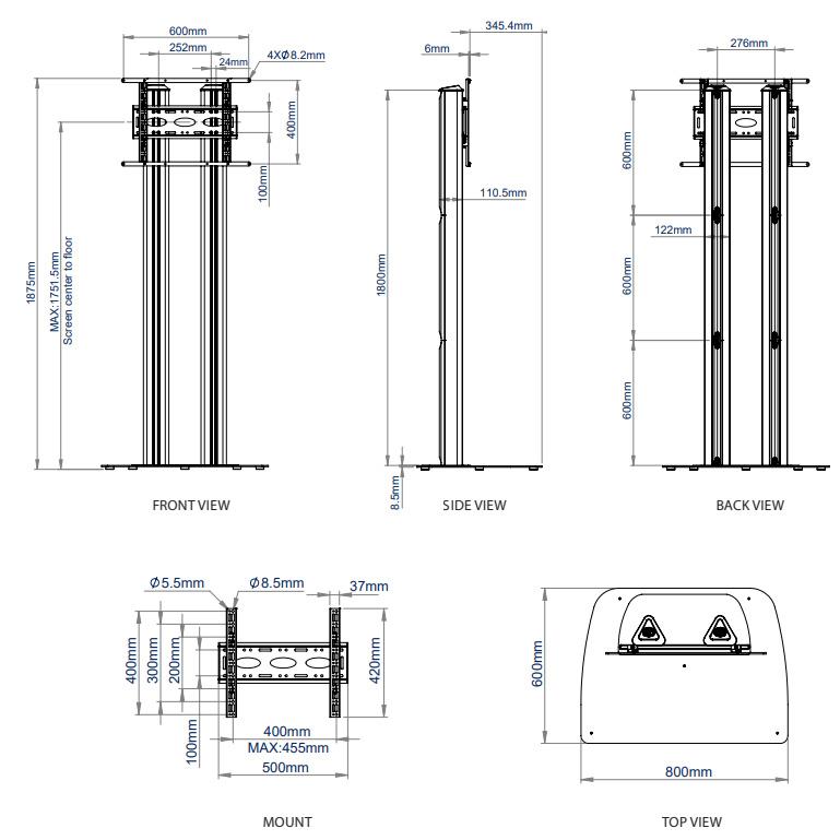B-Tech BT8583 Tall TV Floor Stand for screens up to 70 inch