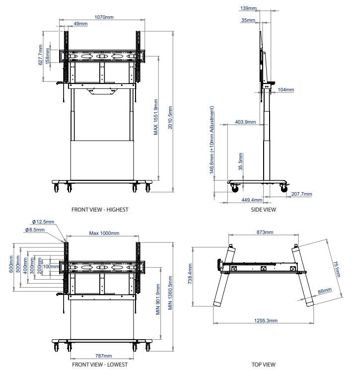 B-Tech BT8568 Motorised Height Adjustable TV Trolley