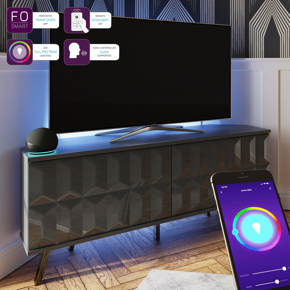 Frank Olsen Elevate Grey Corner TV Cabinet with mood lighting & Intelligent eye