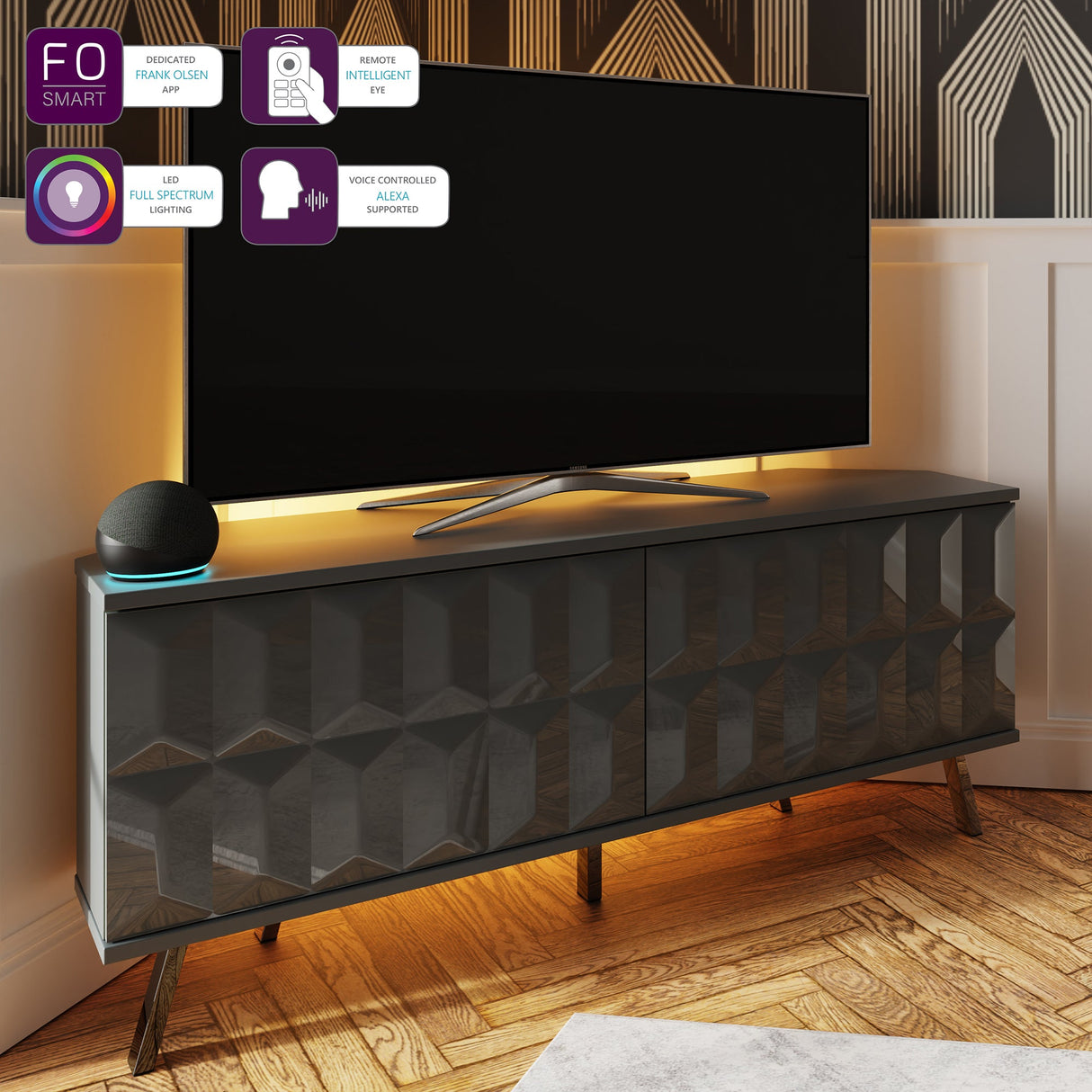 Frank Olsen Elevate Grey Corner TV Cabinet with mood lighting & Intelligent eye