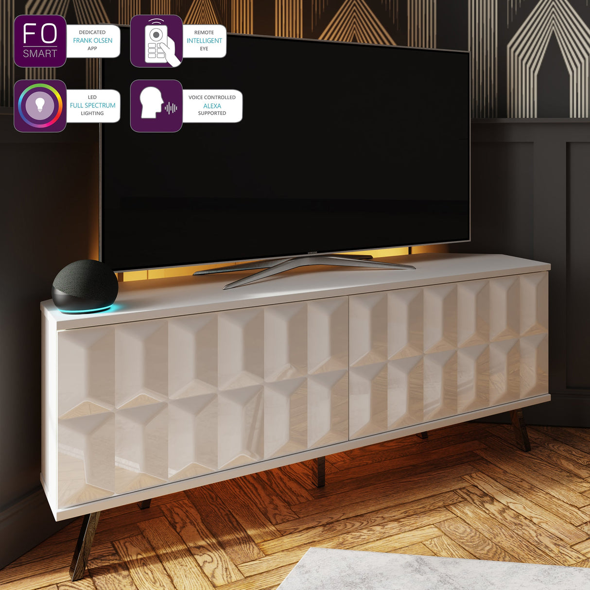 Frank Olsen Elevate White Corner TV Cabinet with mood lighting & Intelligent eye