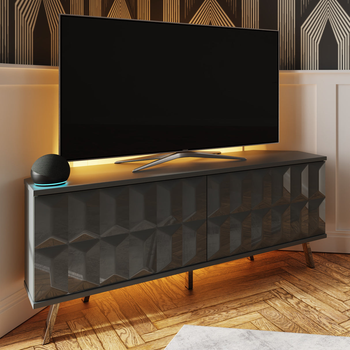 Frank Olsen Elevate Grey Corner TV Cabinet with mood lighting & Intelligent eye