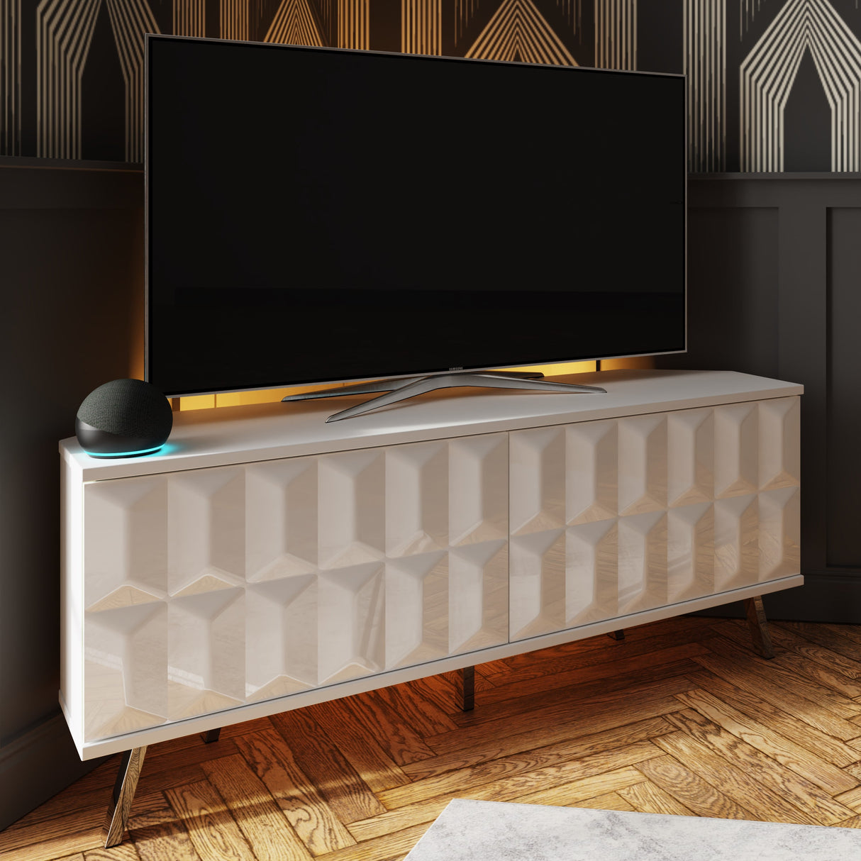 Frank Olsen Elevate White Corner TV Cabinet with mood lighting & Intelligent eye