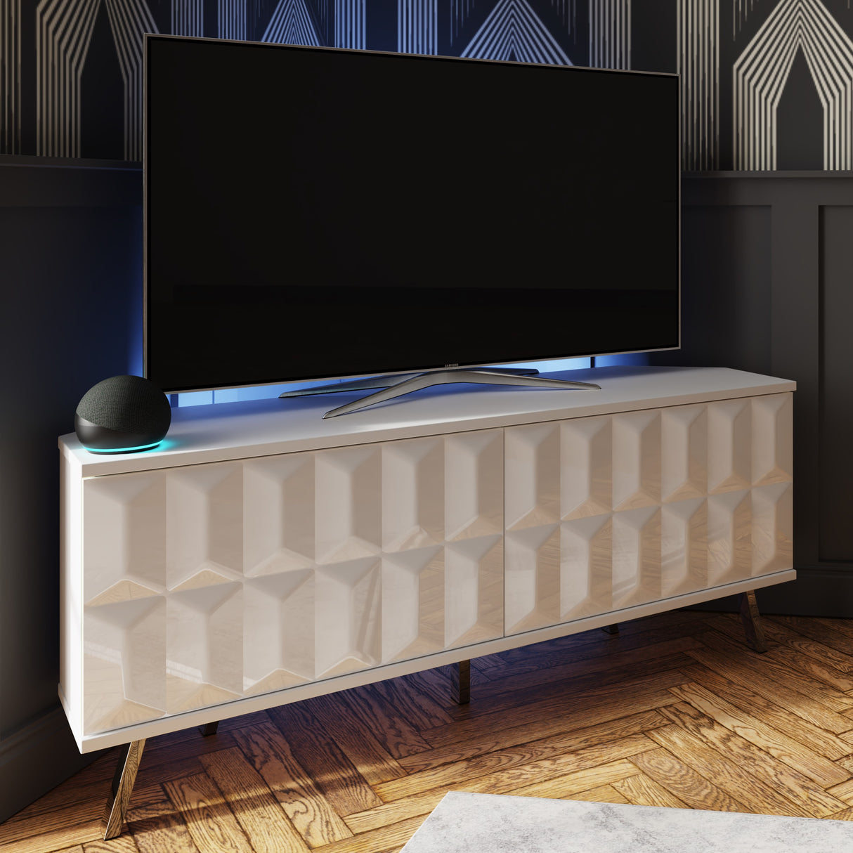 Frank Olsen Elevate White Corner TV Cabinet with mood lighting & Intelligent eye
