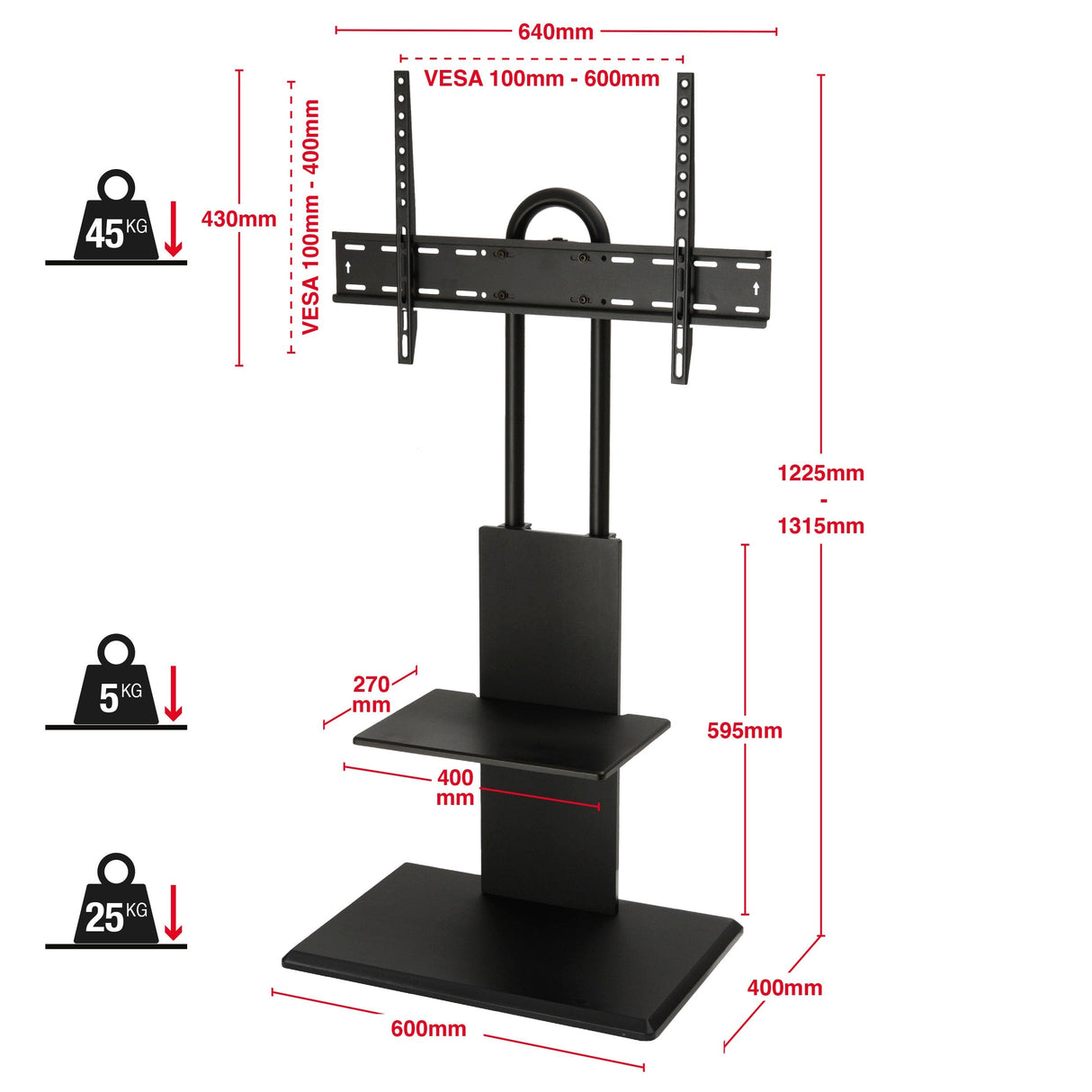 TTAP FS2-BLK TV Stand with Height Adjustable Swivel Bracket for up to 65" TVs