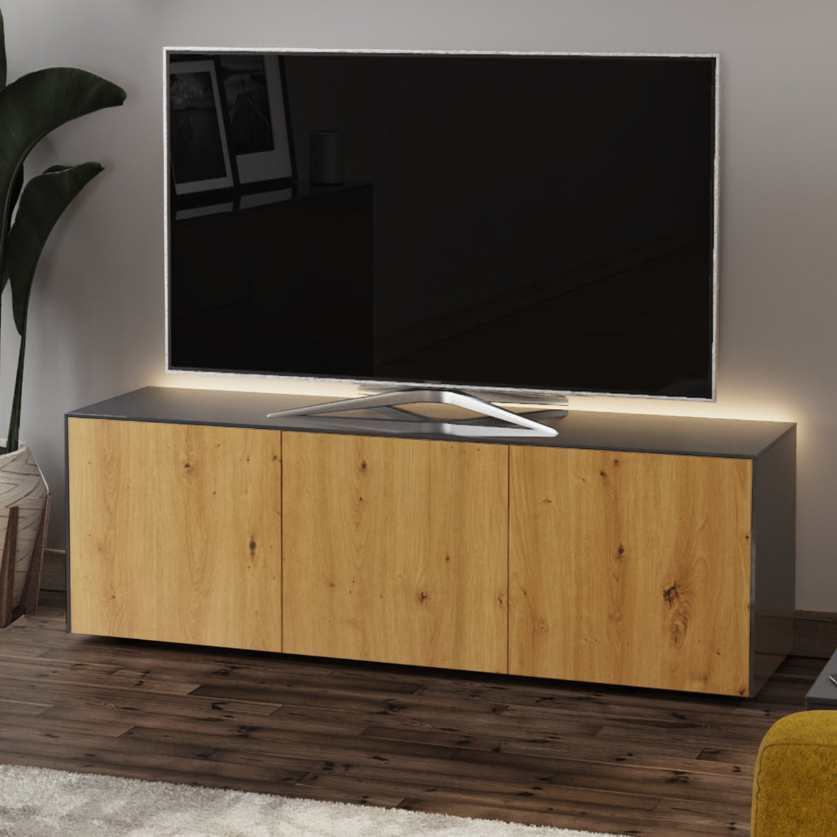 Frank Olsen Oak and High Gloss Grey 1500mm TV Cabinet with LED Lighting and Wireless Phone Charging