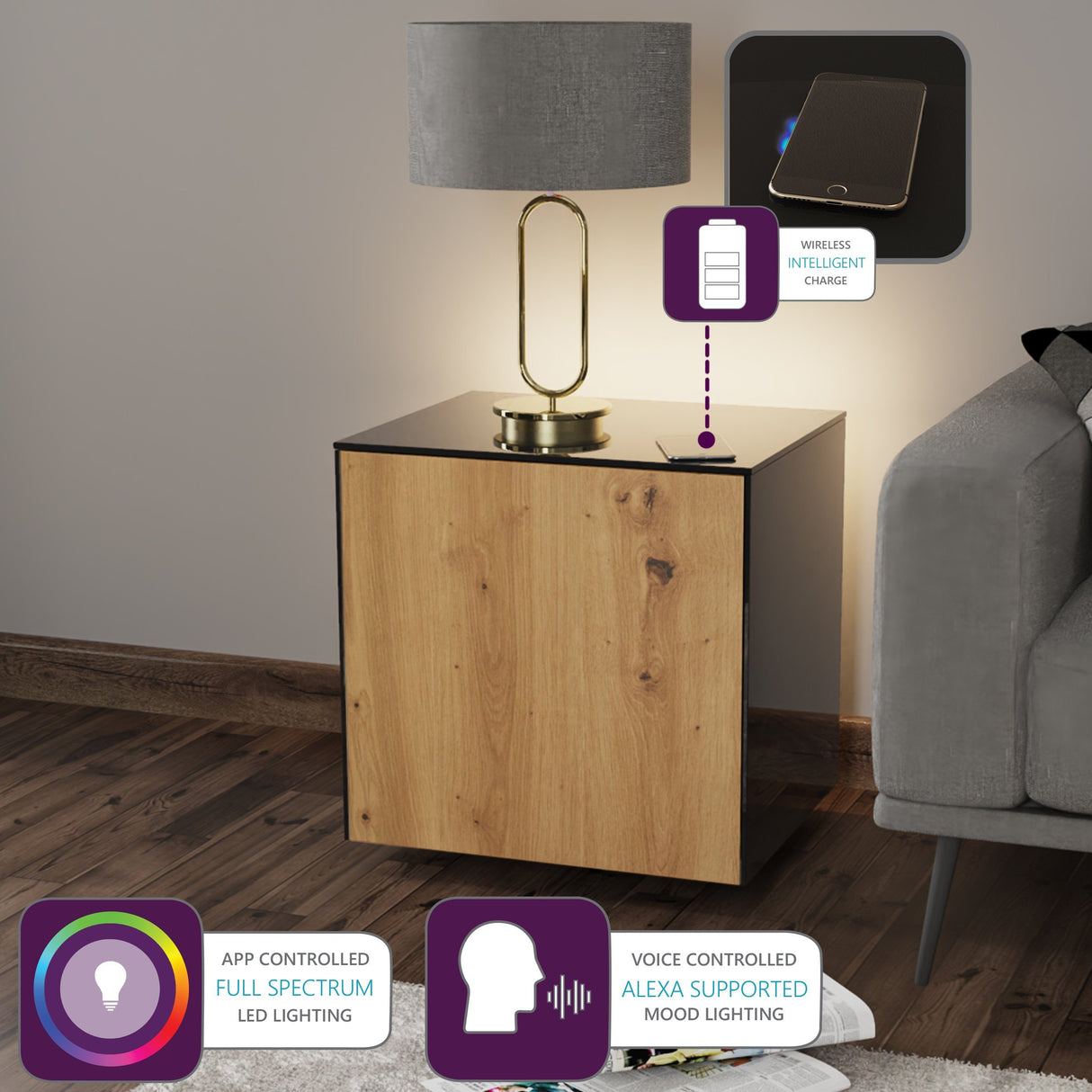 Frank Olsen IntelliLamp High Gloss Black And Oak Lamp Table With LED Lighting and Wireless Phone Charging