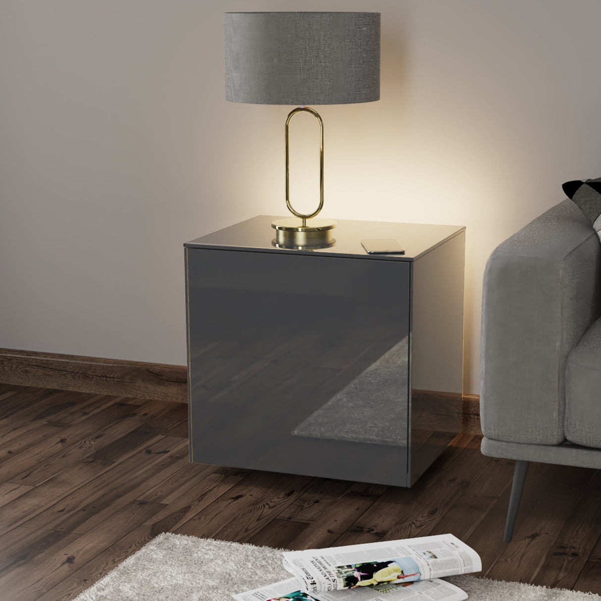 Frank Olsen High Gloss Grey Lamp Table with LED Lighting and Wireless Phone Charging