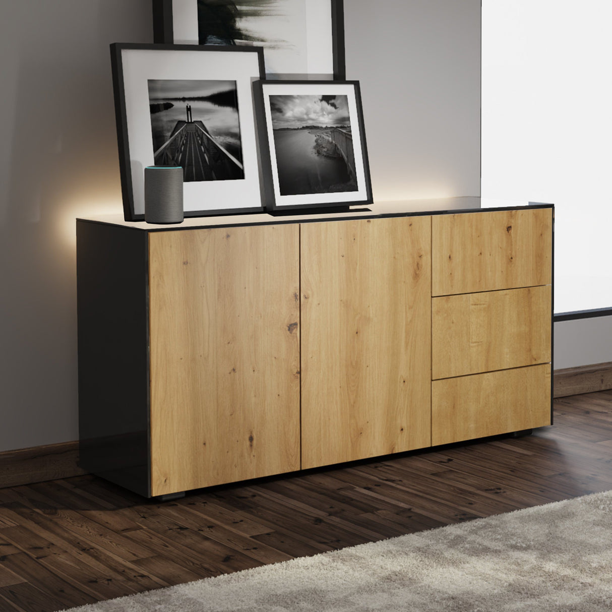 Frank Olsen Intel Range Gloss Black and Oak Sideboard With LED Lighting and Wireless Phone Charging