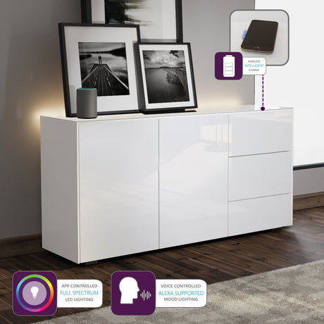 Frank Olsen Intel Range Gloss White Sideboard With LED Lighting and Wireless Phone Charging