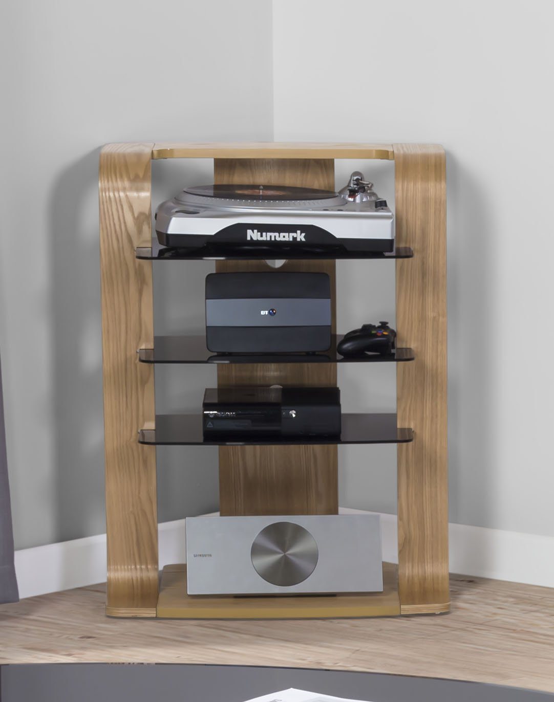 Jual Florence Curved Oak Hifi Rack with Black Glass (JF204 OB)