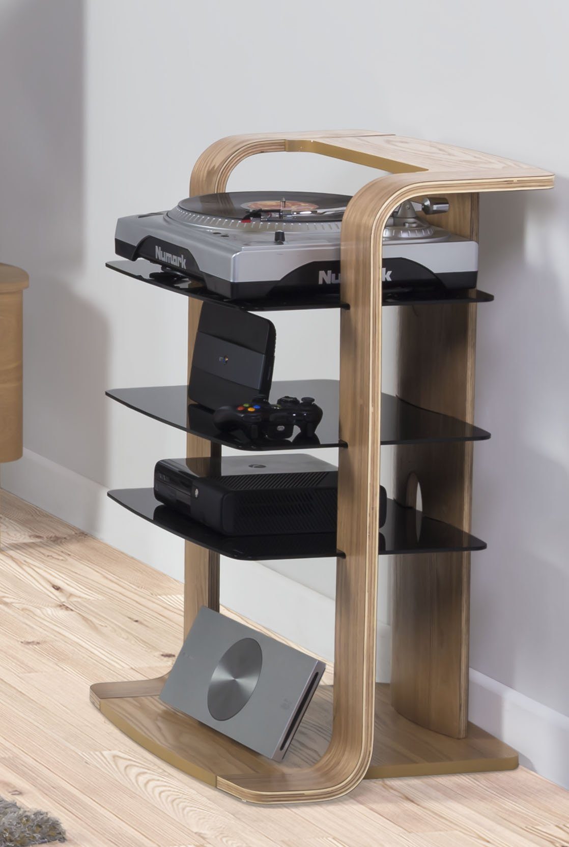 Jual Florence Curved Oak Hifi Rack with Black Glass (JF204 OB)