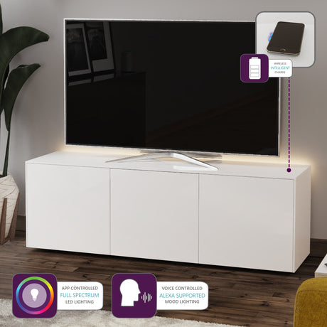 Frank Olsen High Gloss White 1500mm TV Cabinet with LED Lighting and Wireless Phone Charging