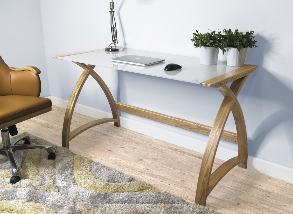 Jual Helsinki Curved 1300mm Wide Laptop Table in Oak and White Glass
