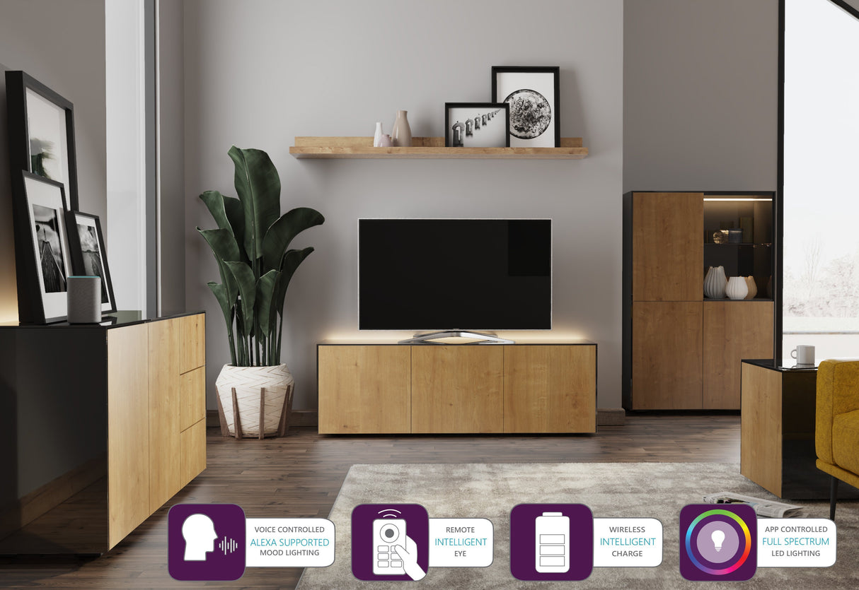 Frank Olsen Intel Range Gloss Black and Oak Sideboard With LED Lighting and Wireless Phone Charging