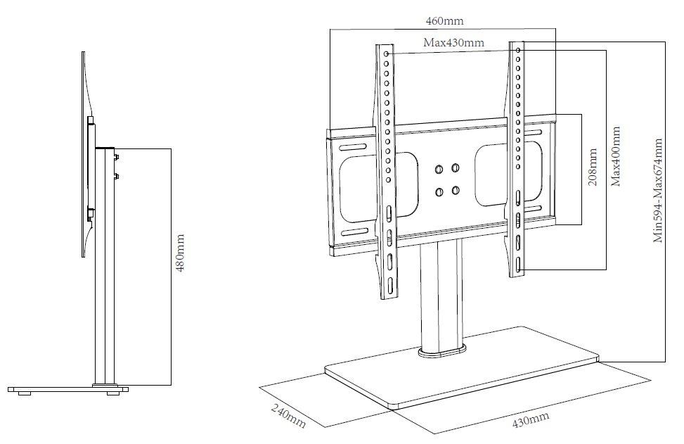 TTAP TT44F Universal Black Glass Tabletop Pedestal TV Stand for up to 55" TVs - Fixed