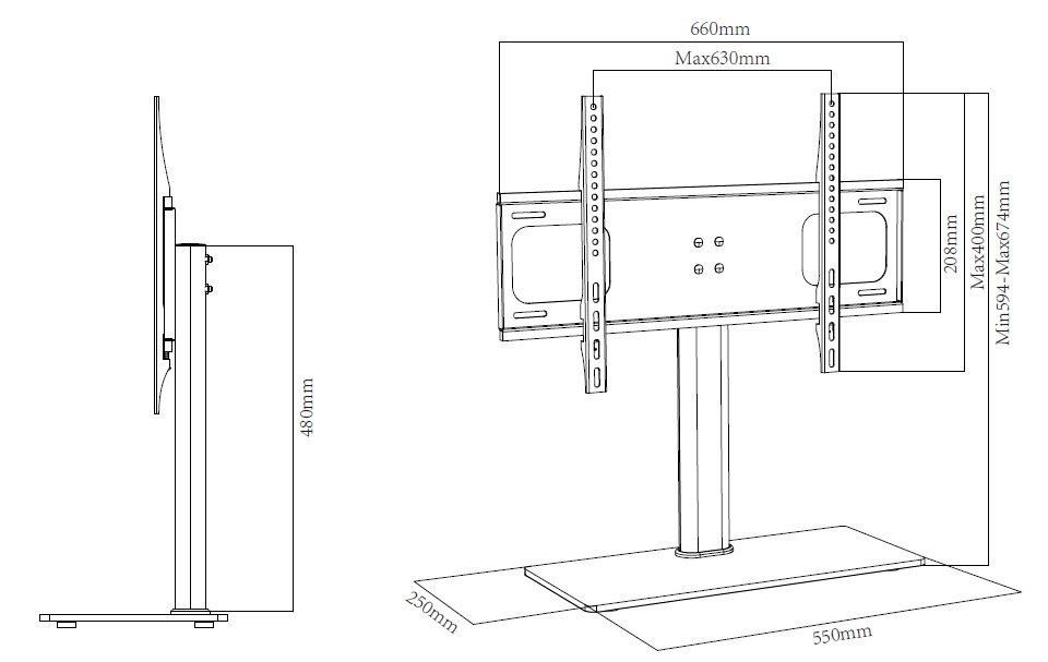 TTAP TT64F Universal Black Glass Tabletop Pedestal TV Stand for up to 65" TVs - Fixed