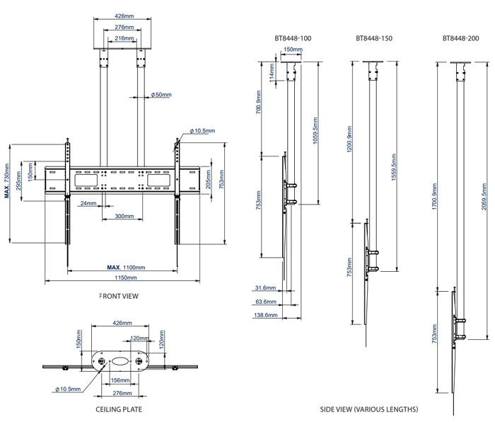 B-Tech BT8448 Heavy Duty TV Ceiling Bracket for Screens up to 120 inch