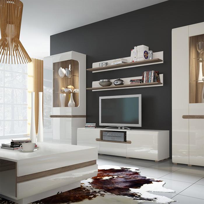 Furniture To Go Chelsea LHD Narrow Glazed 64cm Wide Display Cabinet in Gloss White and Oak (4020244P)