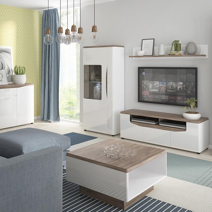 Furniture To Go Toledo Narrow RHD 1 Door Display Cabinet in Gloss White and Oak (4281244)
