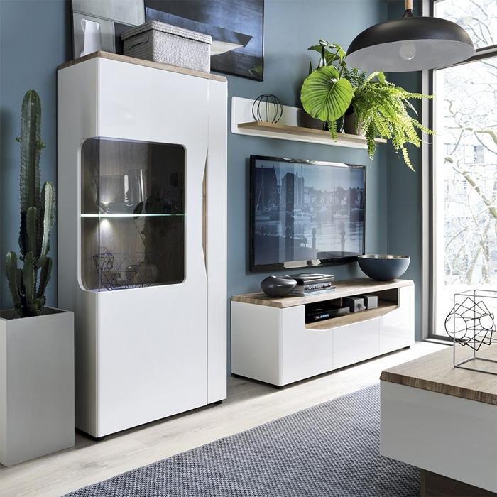 Furniture To Go Toledo Narrow RHD 1 Door Display Cabinet in Gloss White and Oak (4281244)