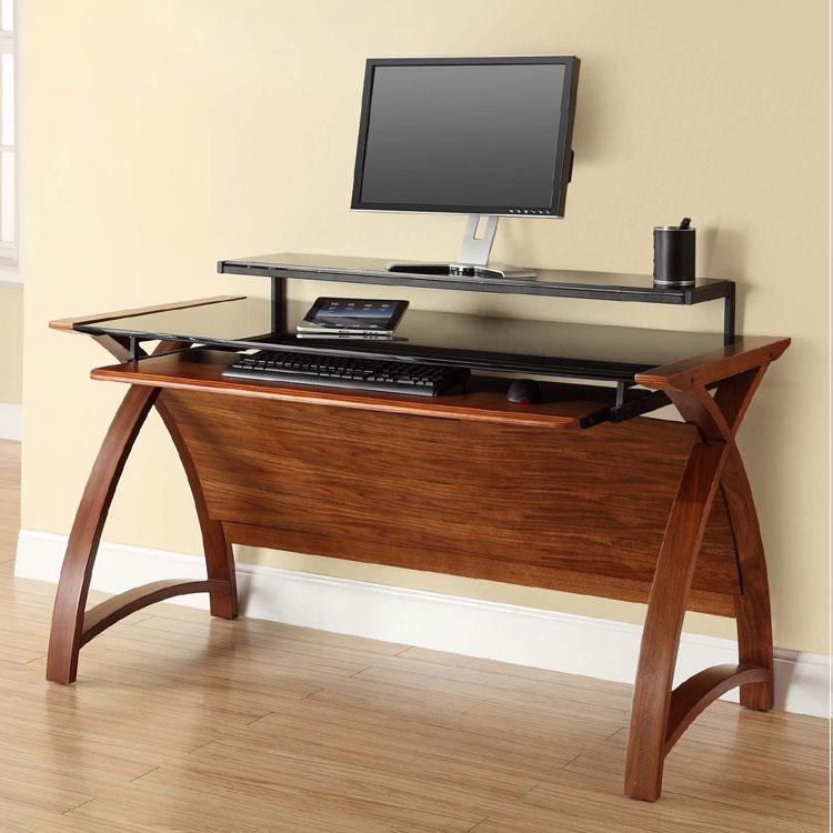 Jual Helsinki Curved 1300mm Wide Computer Desk in Walnut and Black Glass