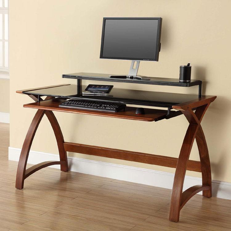 Jual Helsinki Curved 1300mm Wide Computer Desk in Walnut and Black Glass