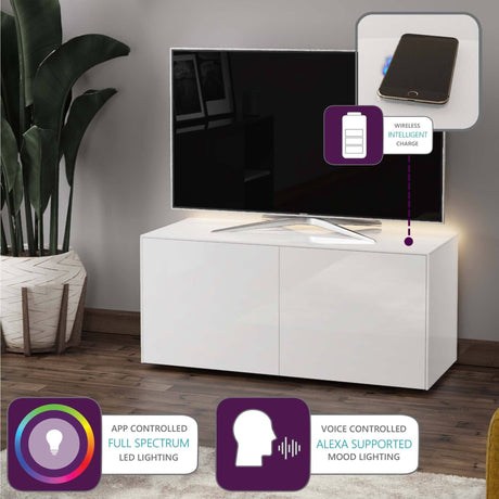 Frank Olsen High Gloss White 1100mm TV Cabinet with LED Lighting and Wireless Phone Charging